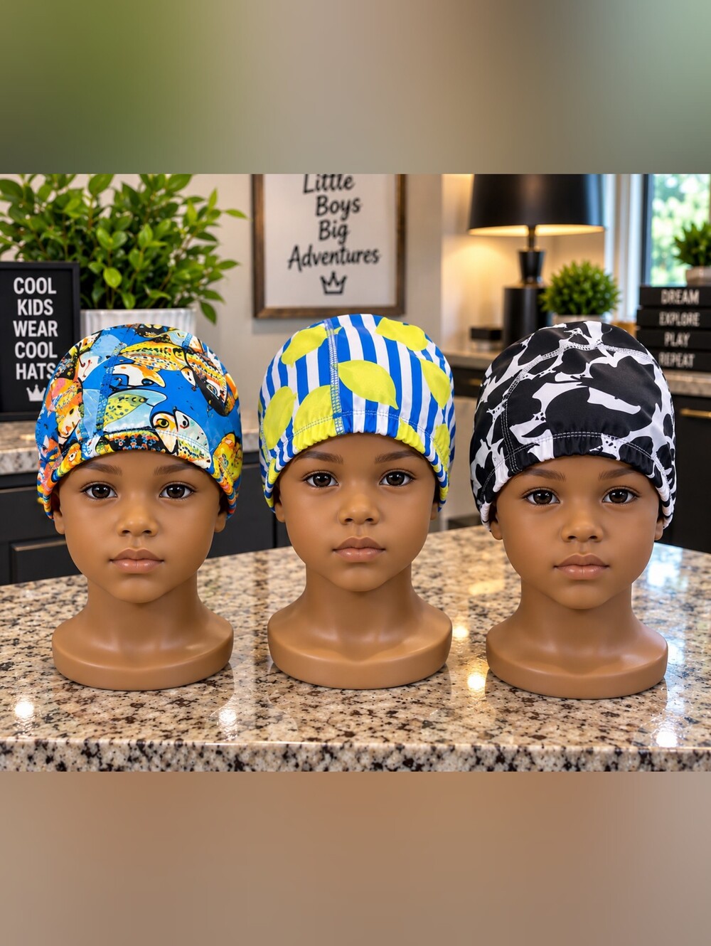 Kids Swim Cap in Blue & Lime Stripes